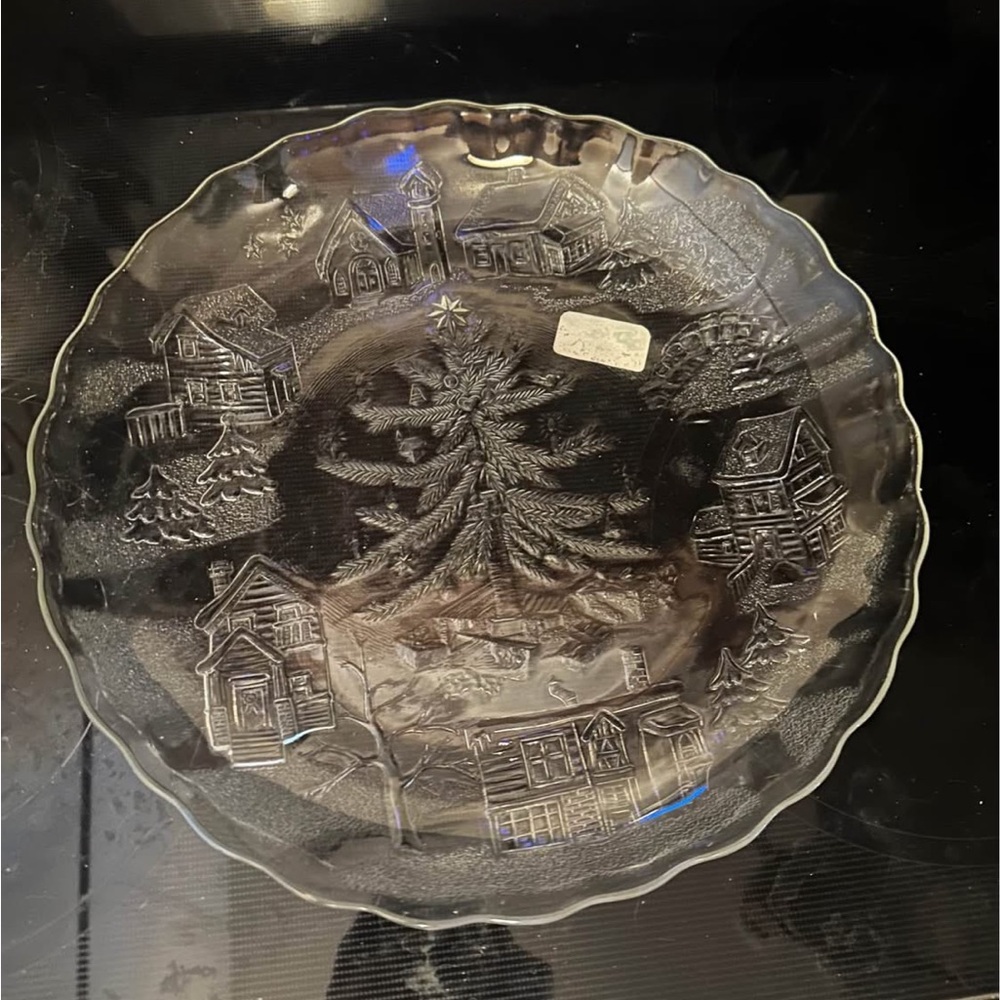 Clear Glass Plate with Village Scene. 13 inch. NEW!